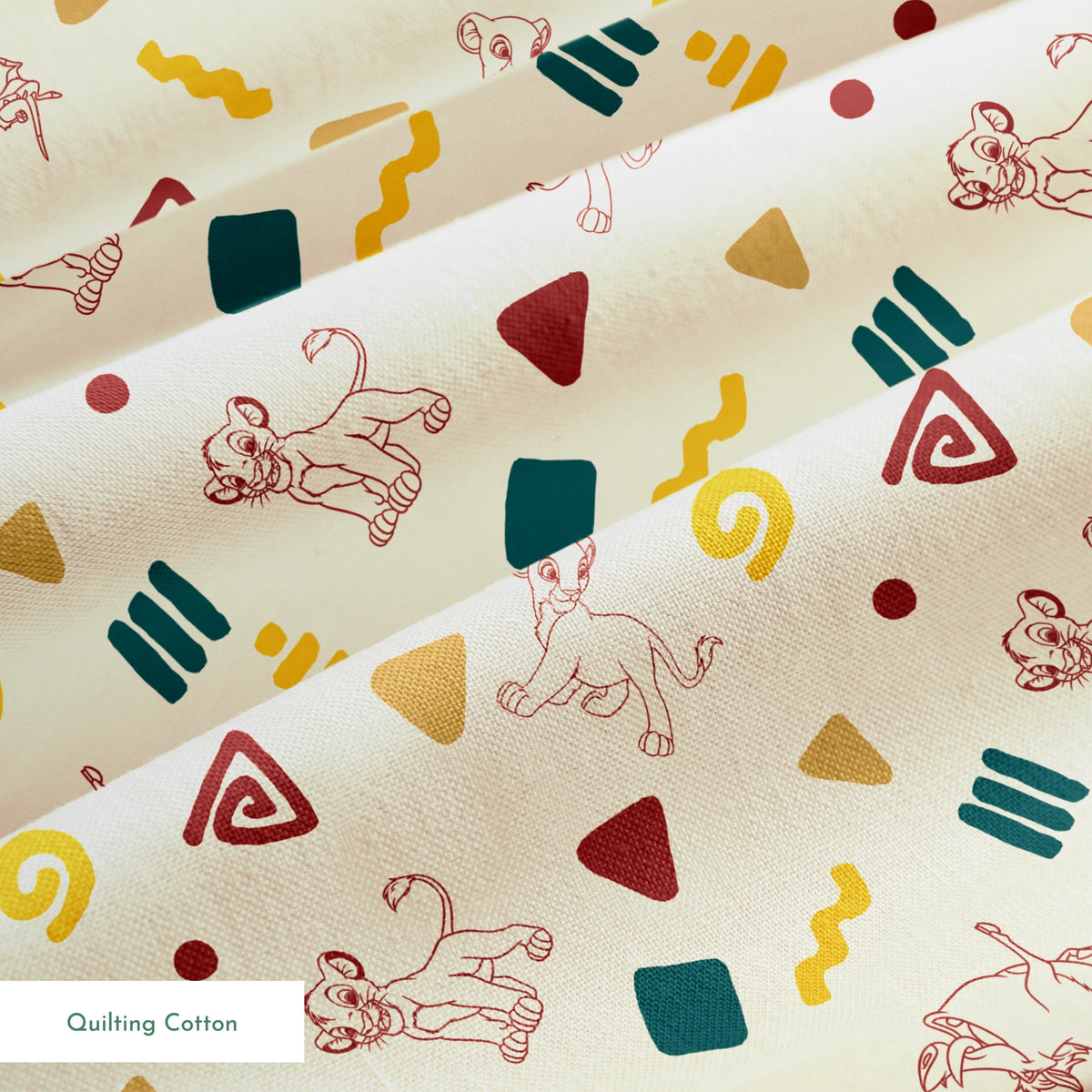 Abstract pattern with line art animal sketches, geometric shapes in teal, yellow, and burgundy on beige background springs quiltingcotton texture