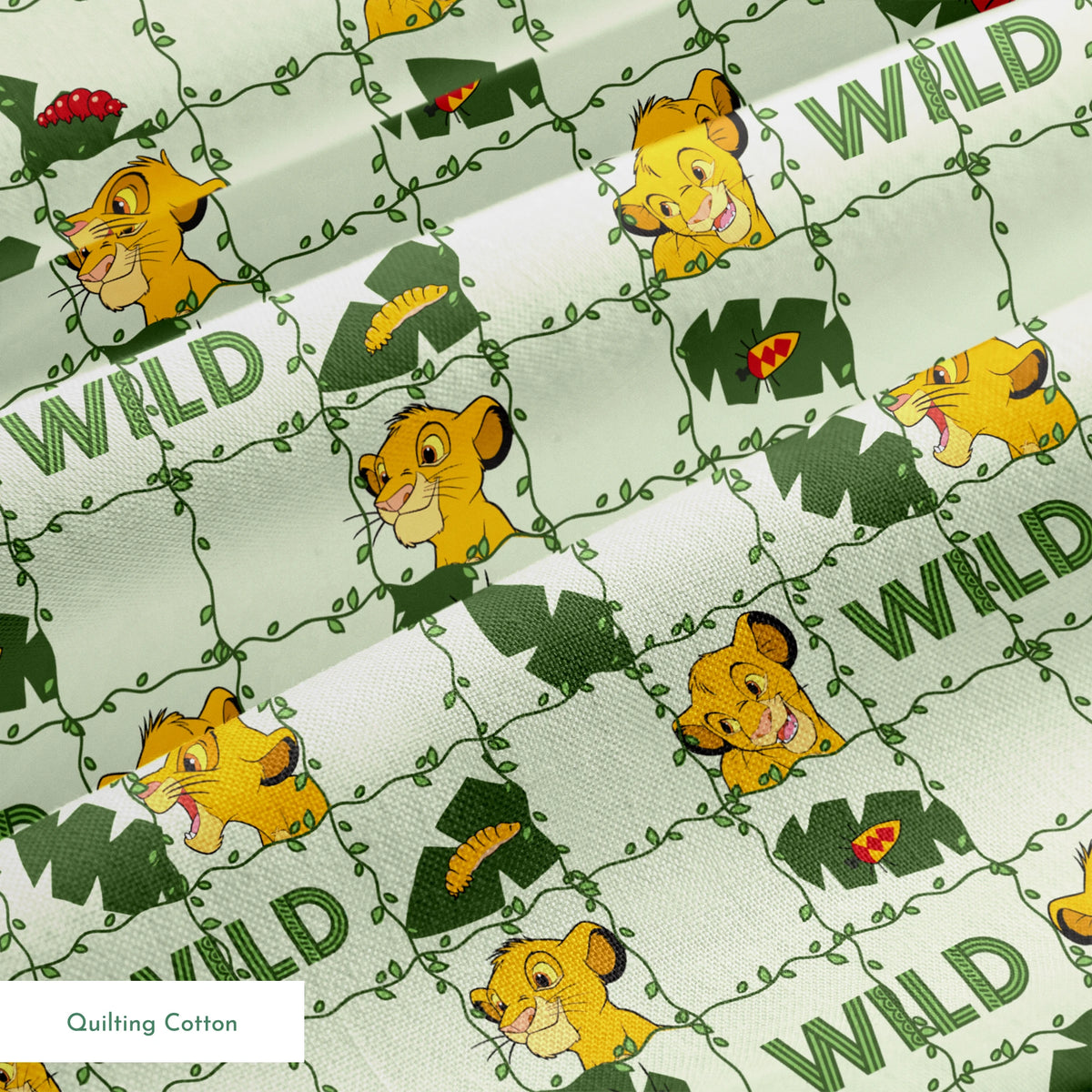 Young cartoon lion cubs with tropical leaves and "WILD" text on light green background pattern springs quiltingcotton texture