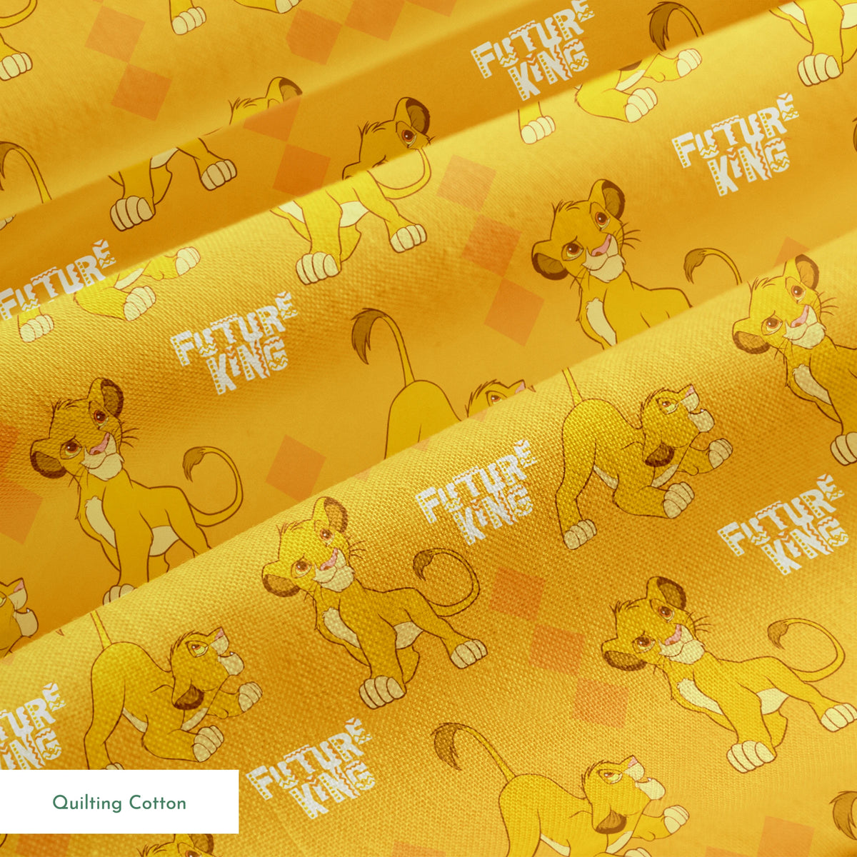Young lion cub cartoon pattern on orange diamond background with "Future King" text springs quiltingcotton texture