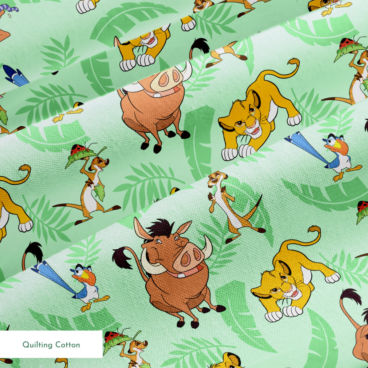 A repeating pattern of Lion King characters - Simba, Timon, Pumbaa, and Zazu on a light green leafy background. springs quiltingcotton texture