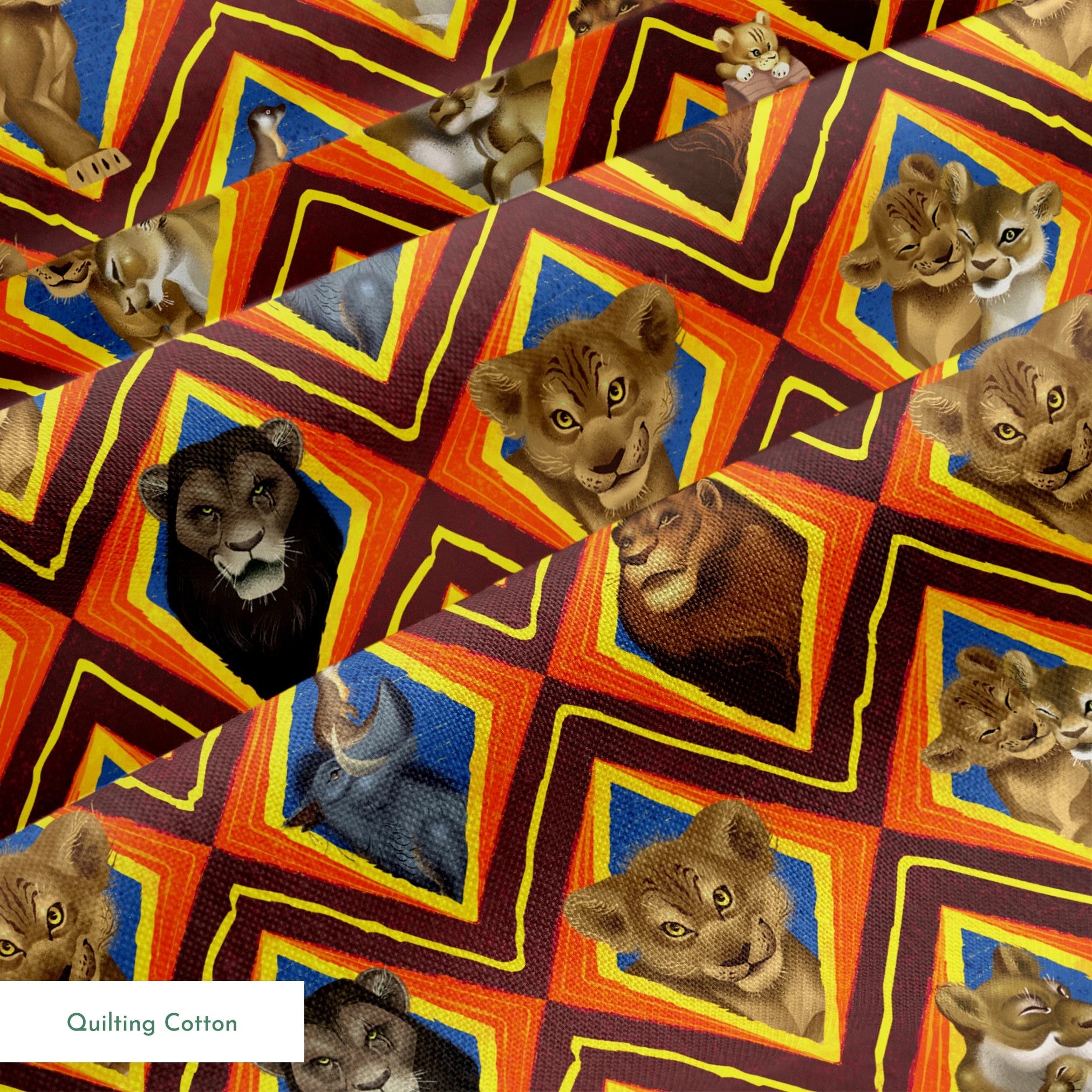 Diamond pattern of illustrated lions with various expressions in brown, tan, and gray against colorful geometric backgrounds. springs quiltingcotton texture