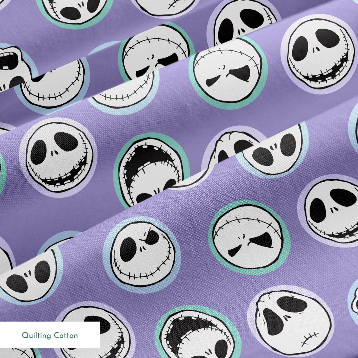 Repeating skull faces with stitched mouths and large eyes on purple background in cartoon style springs quiltingcotton texture
