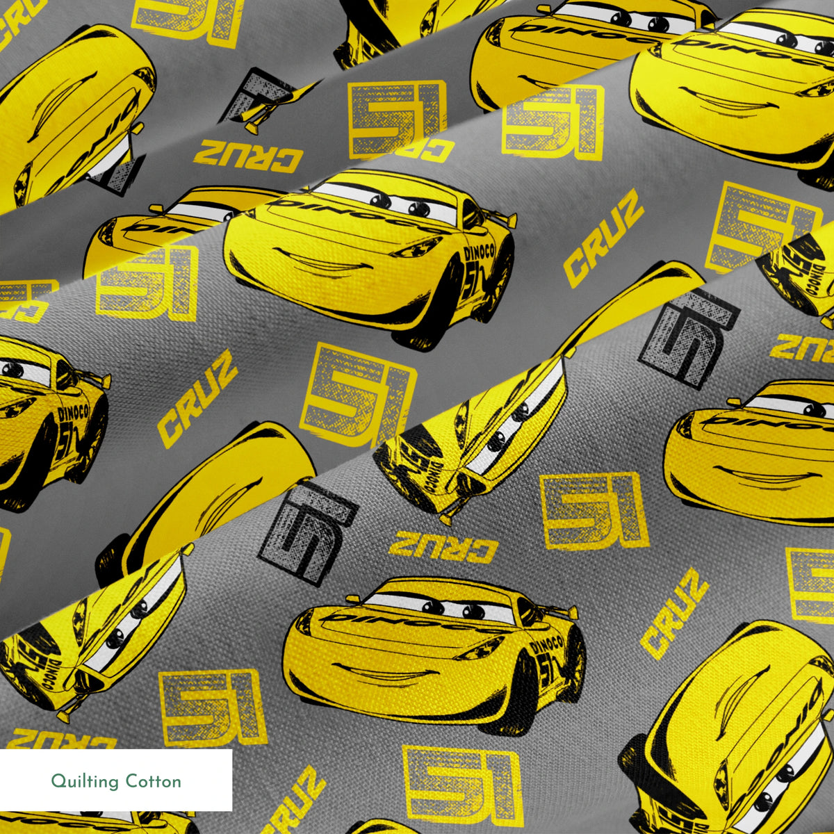Yellow cartoon race cars with Cruz name on gray background, Cars movie pattern springs quiltingcotton texture