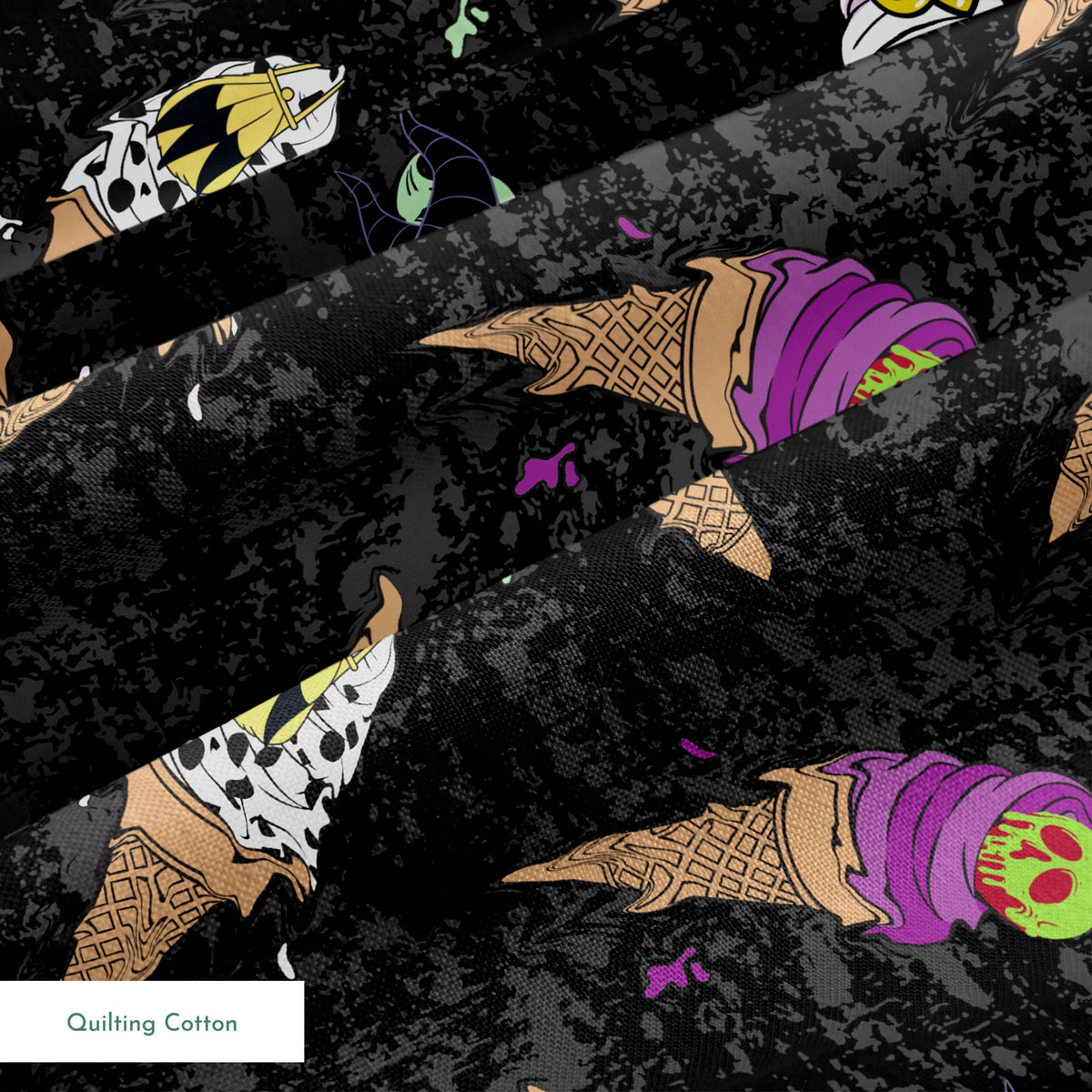 Disney Villain-inspired ice cream cones on black background springs quiltingcotton texture
