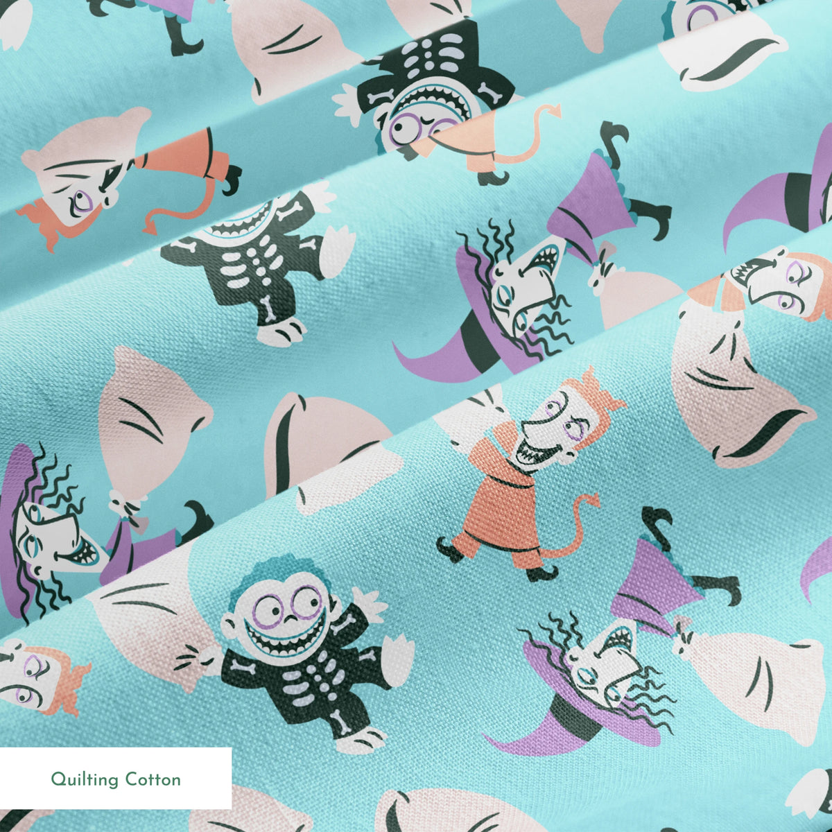 Whimsical pattern of cartoon characters in Halloween costumes on light blue background springs quiltingcotton texture
