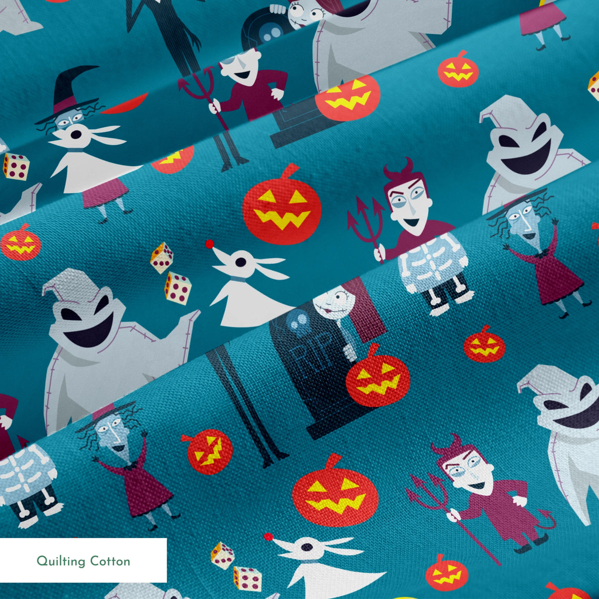 Halloween characters pattern with ghost, skeleton, witch, and pumpkins on teal background in cartoon style springs quiltingcotton texture