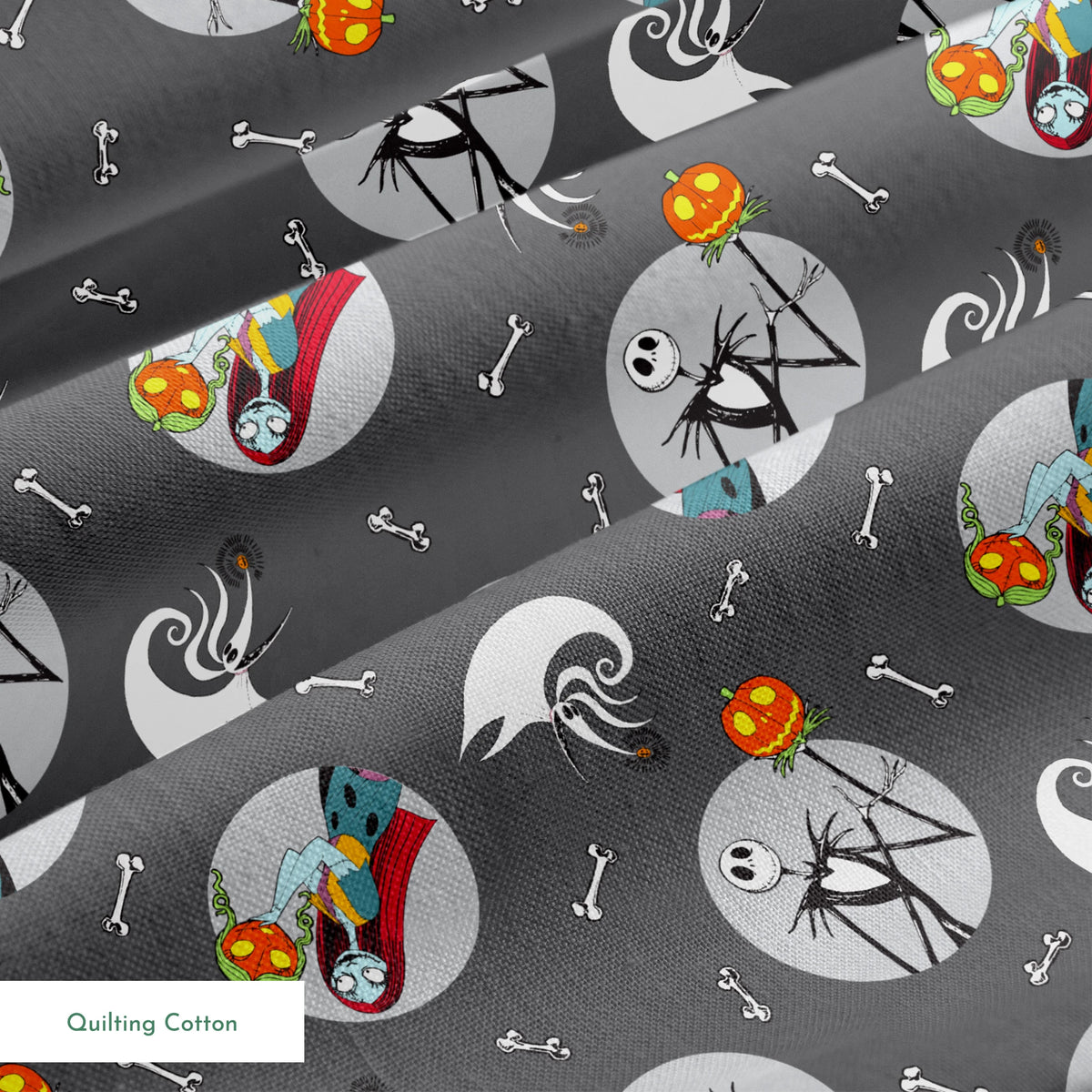 Nightmare Before Christmas themed pattern with Sally and Jack Skellington, pumpkins, bones, and ghostly designs on gray background springs quiltingcotton texture