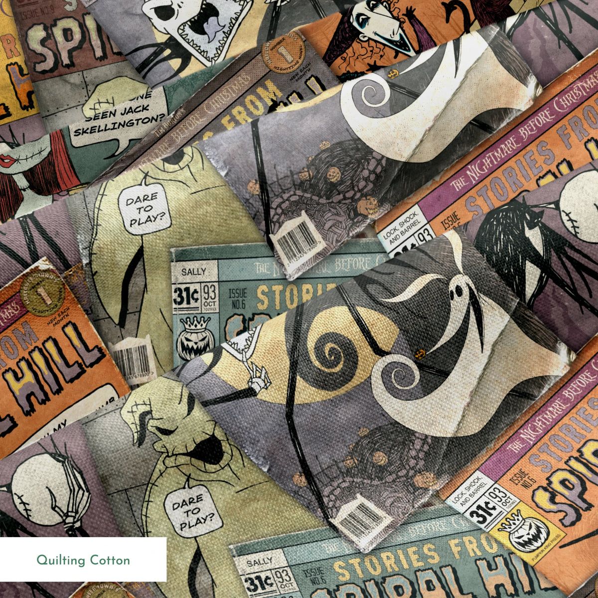 Vintage-style comic books featuring "Stories from Spiral Hill" with spooky skeletal characters on orange and gray covers springs quiltingcotton texture