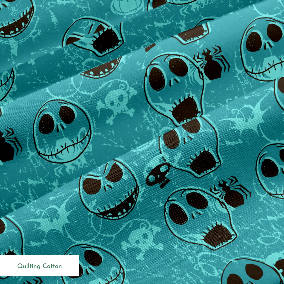Teal pattern of cartoon skull faces with different expressions, Halloween elements like pumpkins and spiders springs quiltingcotton texture
