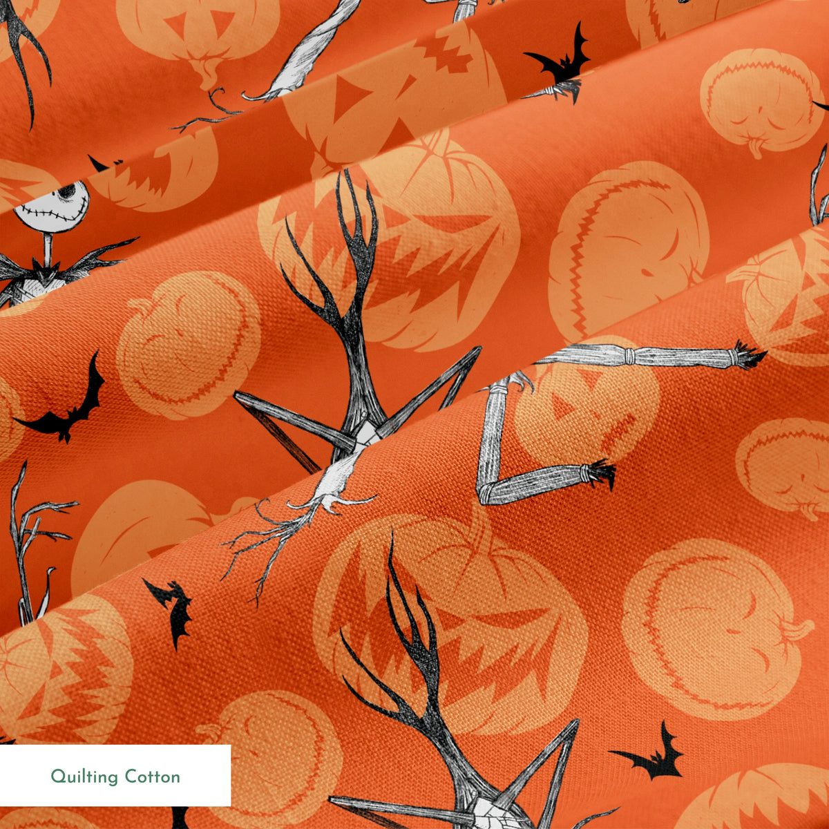 Nightmare Before Christmas pattern with Jack Skellington, bats, and jack-o'-lantern silhouettes on orange background springs quiltingcotton texture