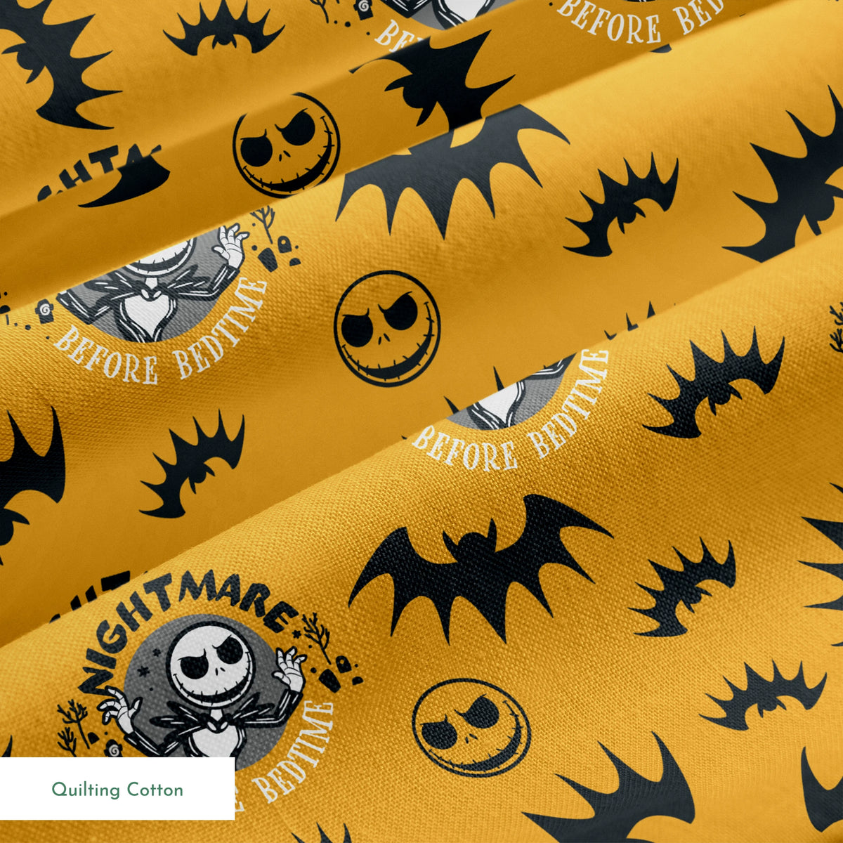 Halloween pattern with skeletal figure, "Nightmare" text, yellow background, black bats and smiling faces springs quiltingcotton texture