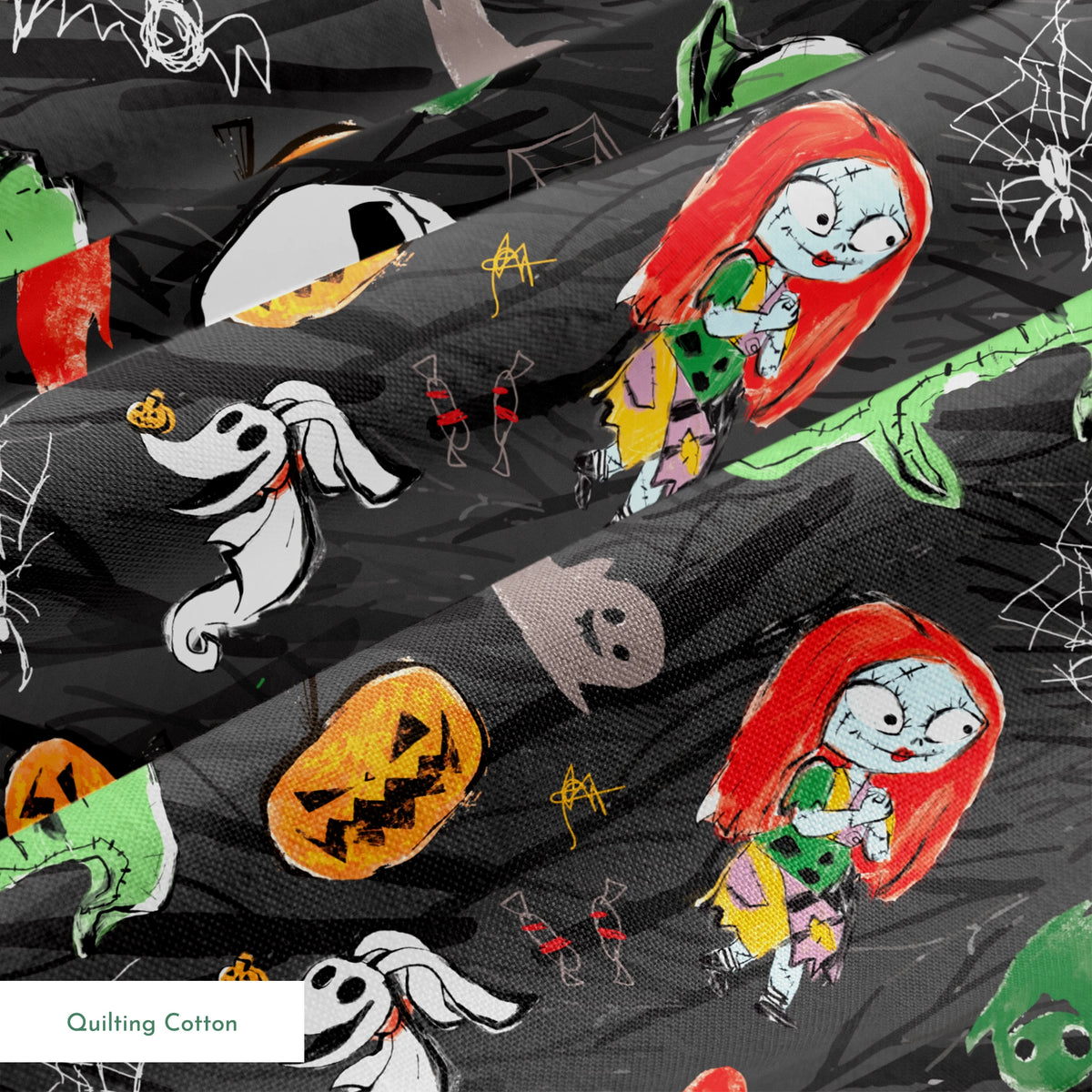 Nightmare Before Christmas pattern with Jack's face, green ghosts, orange pumpkins, spiders, and white ghosts on dark gray background springs quiltingcotton texture
