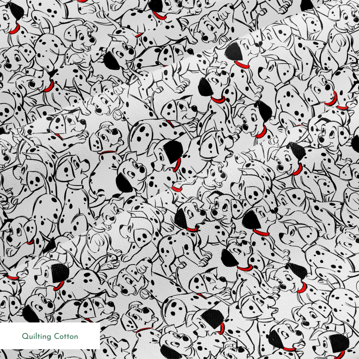 A densely packed pattern of Dalmatian puppies with black spots and red collars, creating a whimsical black and white illustration. springs quiltingcotton texture