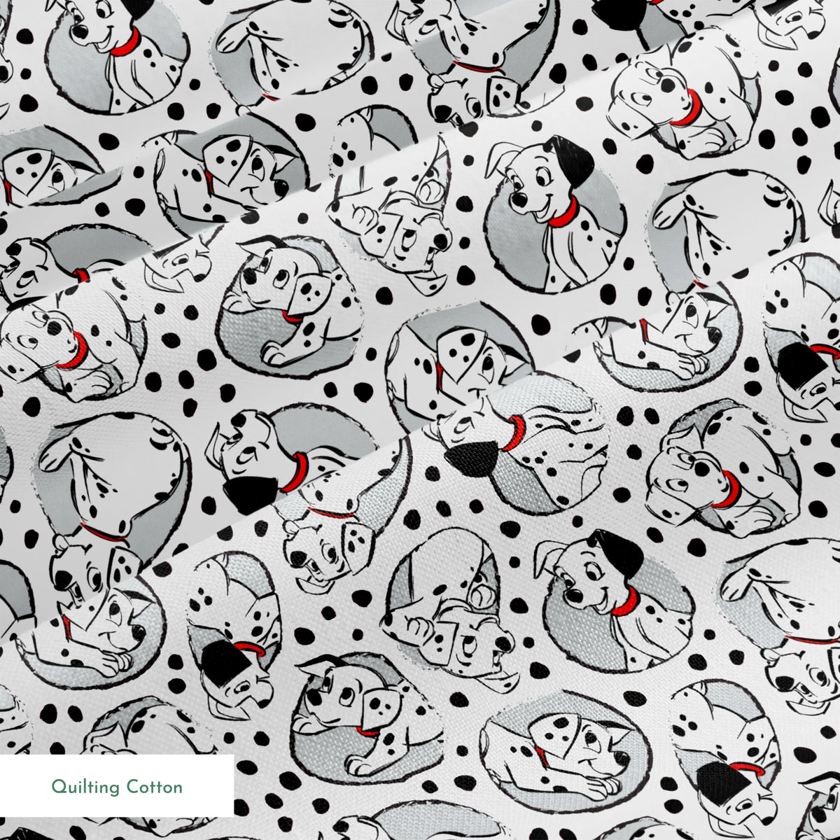 Cartoon pattern of Dalmatian puppies with black spots and red collars on white background springs quiltingcotton texture