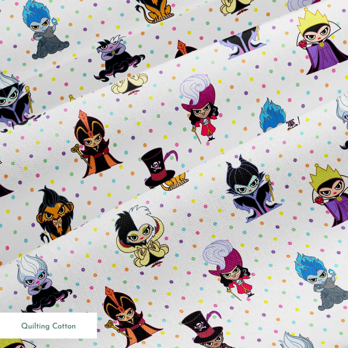 Cartoon Disney villain characters in chibi style scattered on polka dot background, including figures with crowns, capes, and distinctive colorful designs springs quiltingcotton texture