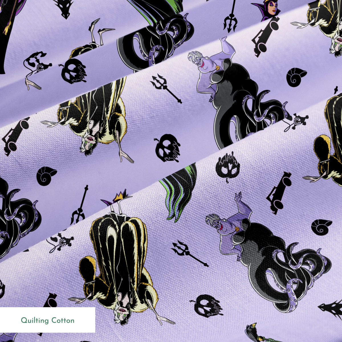 Disney villain characters pattern on purple background, featuring Maleficent and other iconic antagonists in stylized form springs quiltingcotton texture