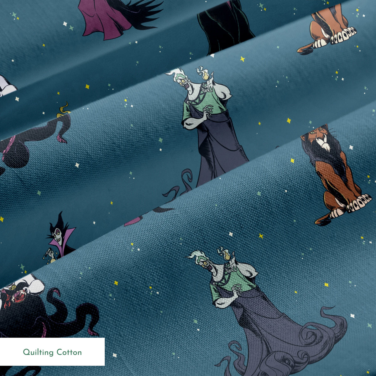 Disney villains pattern on teal background featuring Ursula, Maleficent, Cruella, and Scar in various poses springs quiltingcotton texture