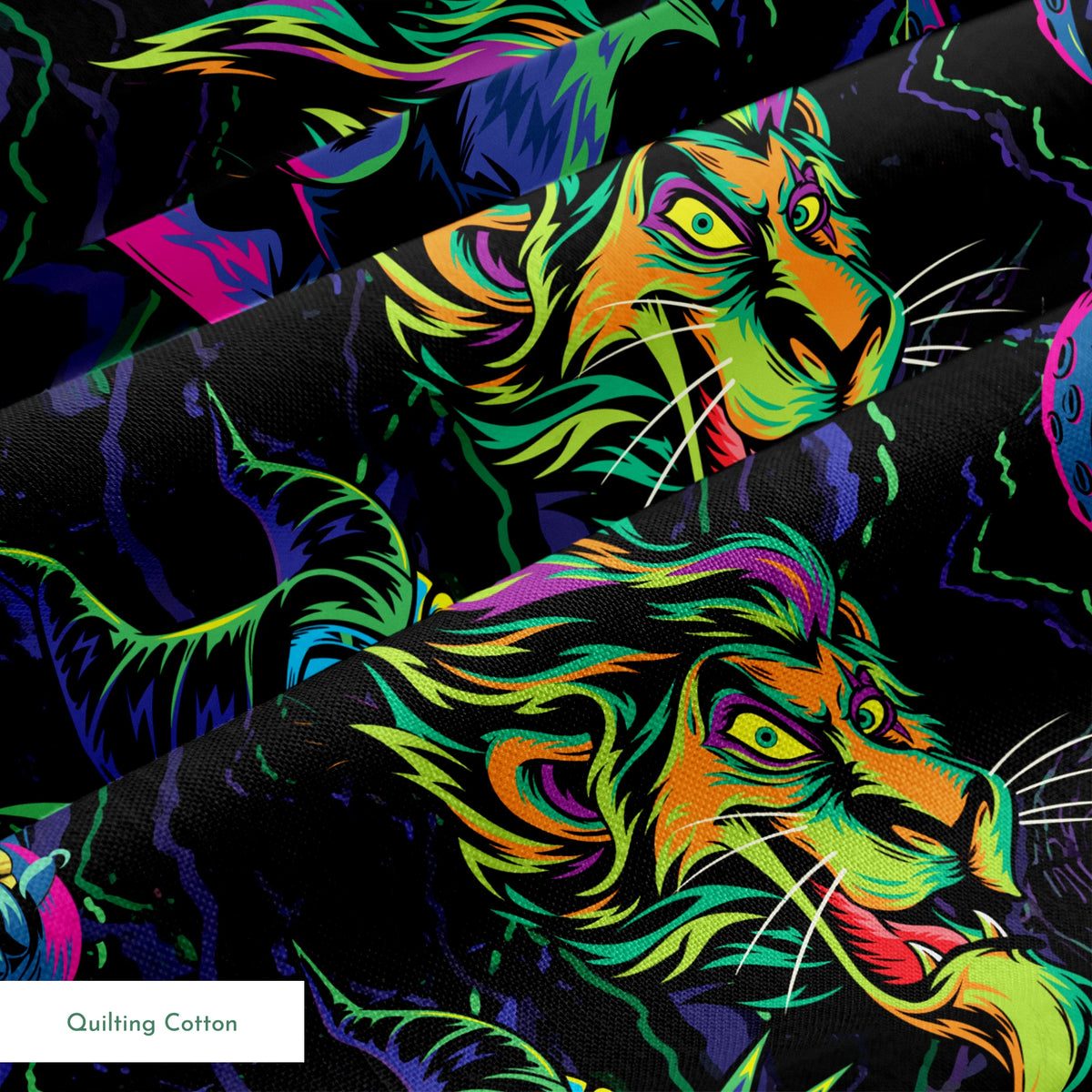 Colorful Disney villains in neon colors against black background springs quiltingcotton texture