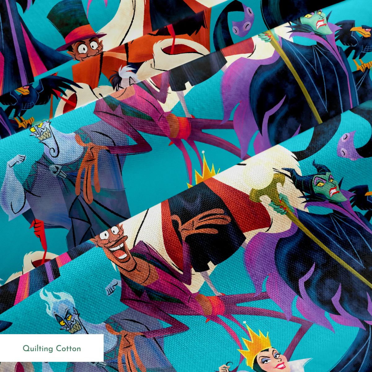 Disney Villains like Ursula, Maleficent, and Hades on a turquoise background in a colorful character pattern. springs quiltingcotton texture