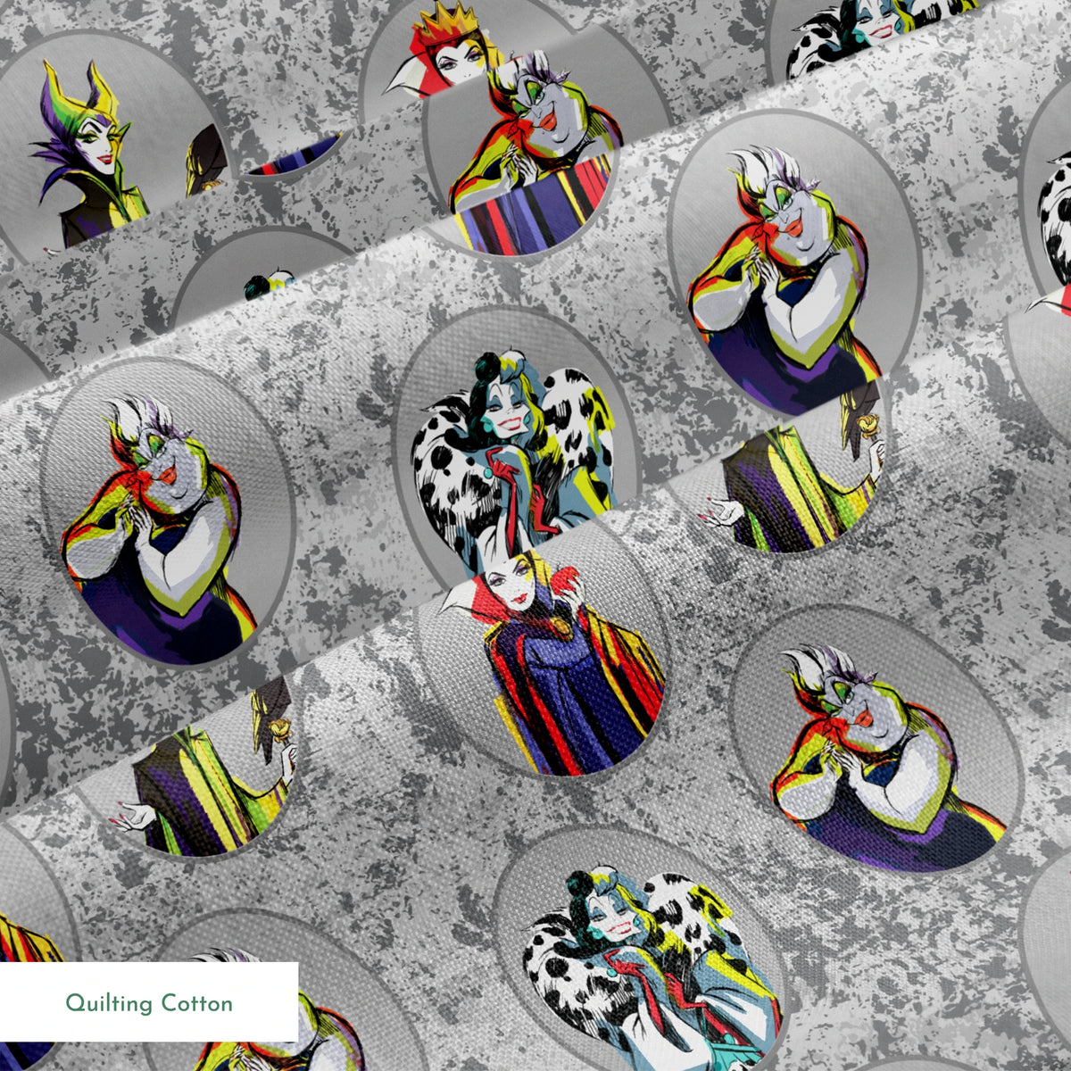 Disney villain characters in oval portraits on gray marbled background, including Ursula, Maleficent, Cruella, and Evil Queen springs quiltingcotton texture