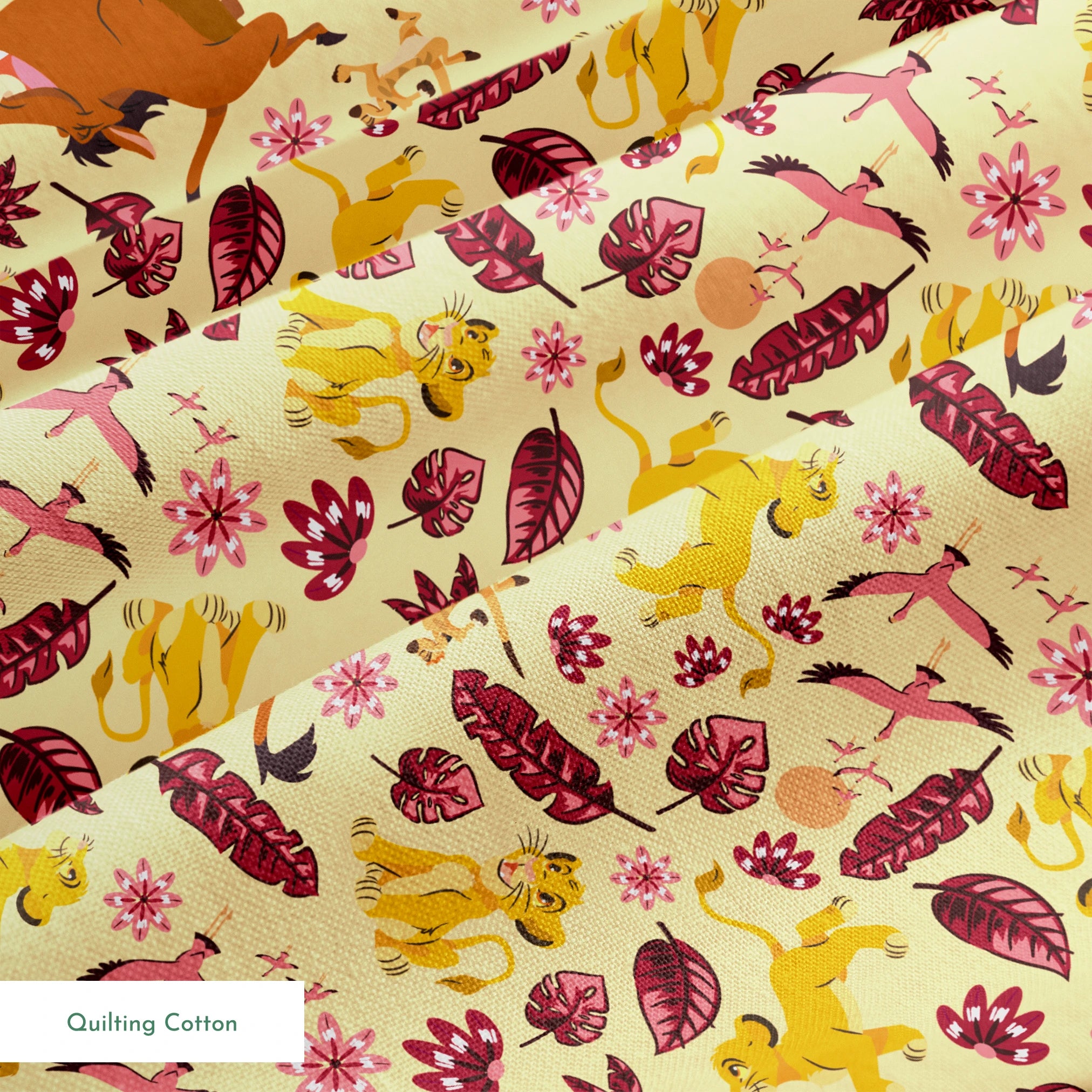 Decorative pattern with lions, gazelles, and boars in yellows and browns among maroon leaves and pink flowers springs quiltingcotton texture