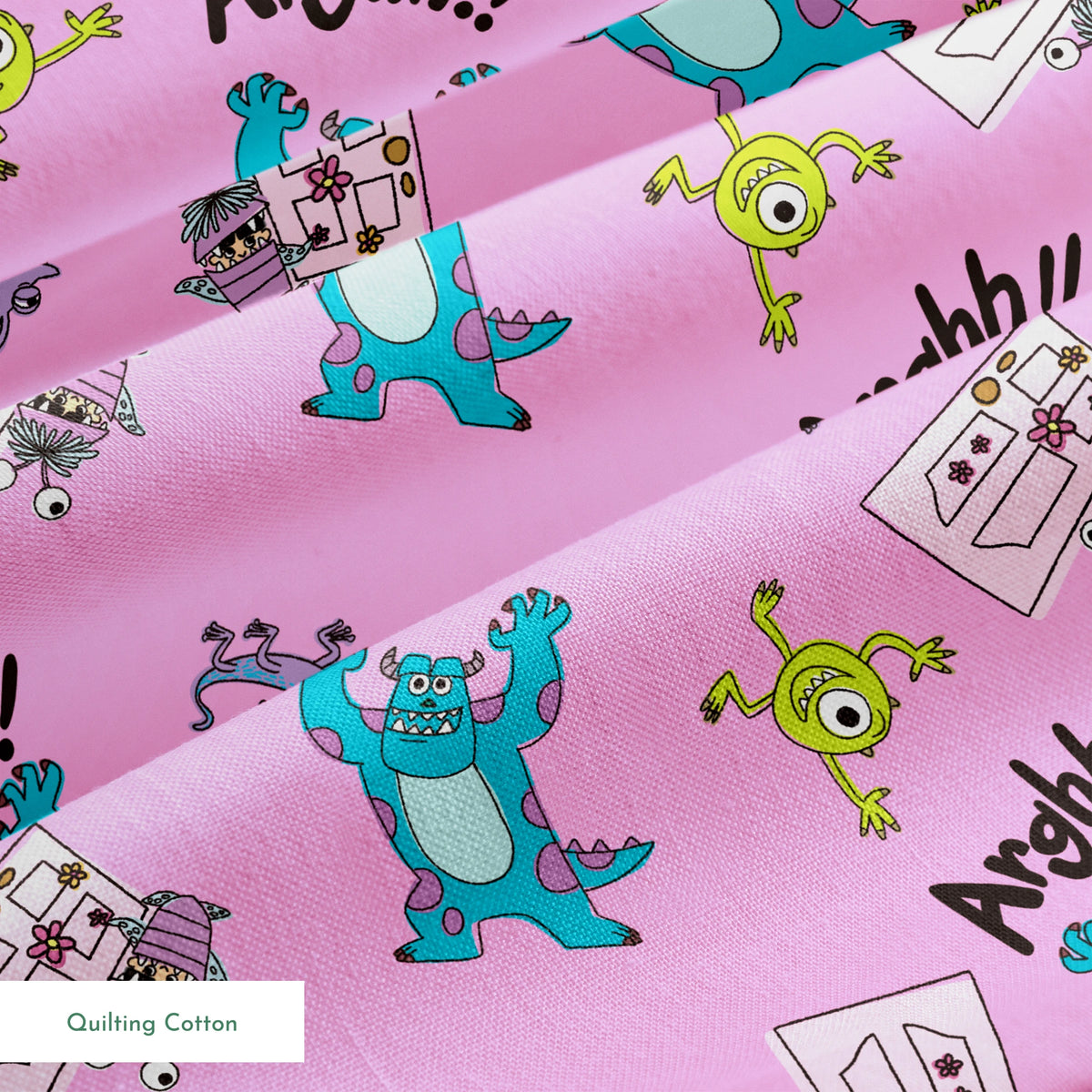 Cartoon monster pattern with blue creatures, green one-eyed characters, and "Arghh!!" text on pink background springs quiltingcotton texture
