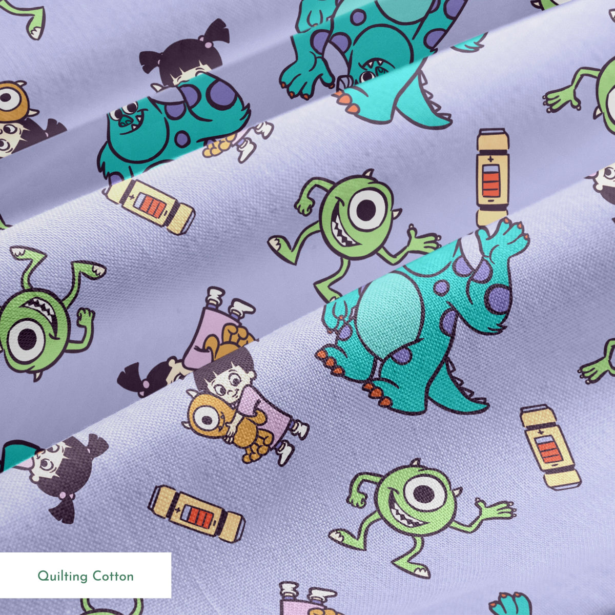Cartoon pattern of Monsters Inc characters - Mike, Sulley, and Boo - on a purple background springs quiltingcotton texture