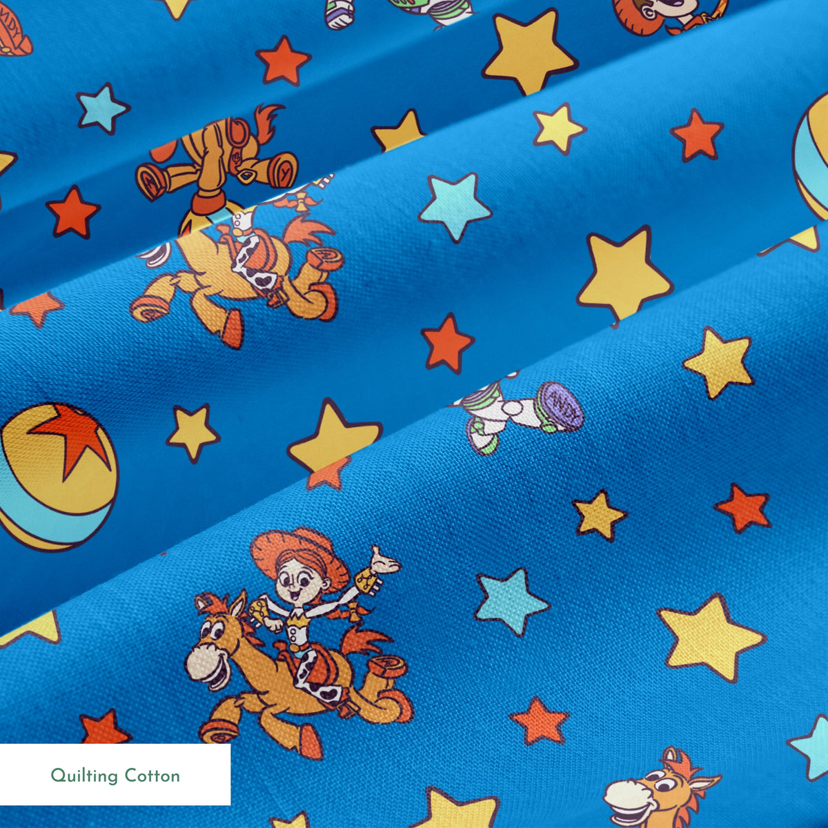 Toy Story characters floating in space pattern with stars on blue background springs quiltingcotton texture