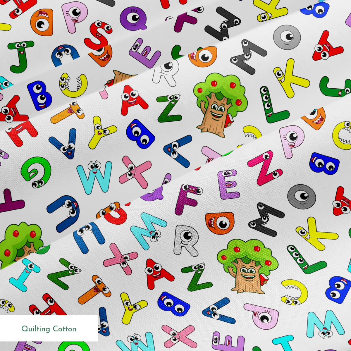 Colorful cartoon alphabet letters scattered randomly on white background with small monster characters springs quiltingcotton texture