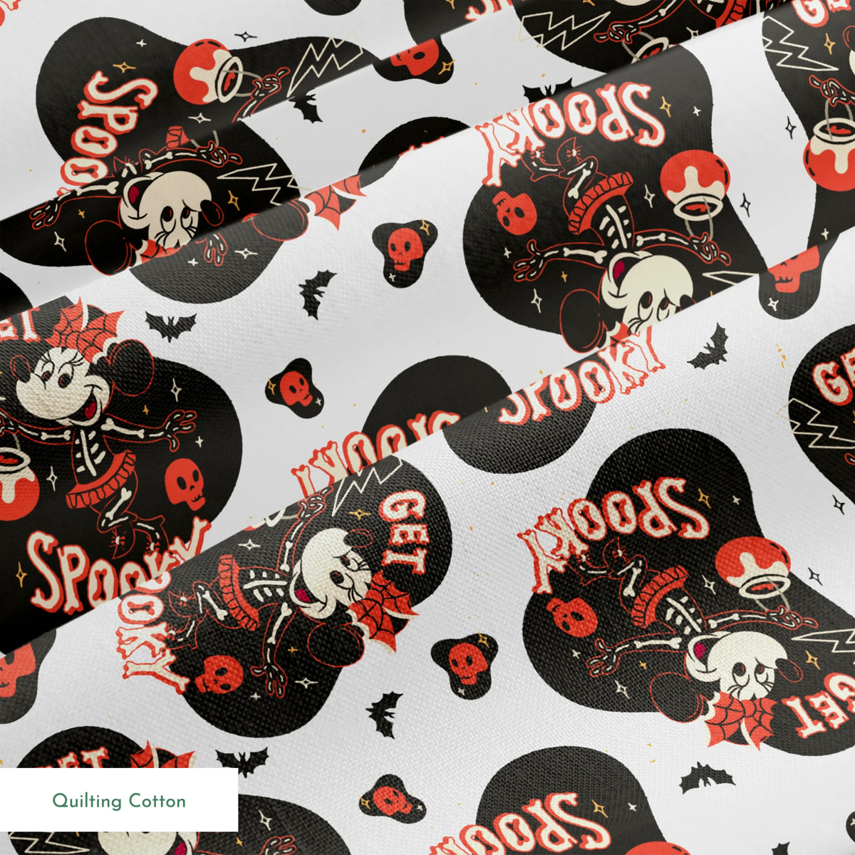 Halloween pattern with Minnie Mouse shapes, "Get Spooky" text, skulls, bats, and hearts on white background springs quiltingcotton texture