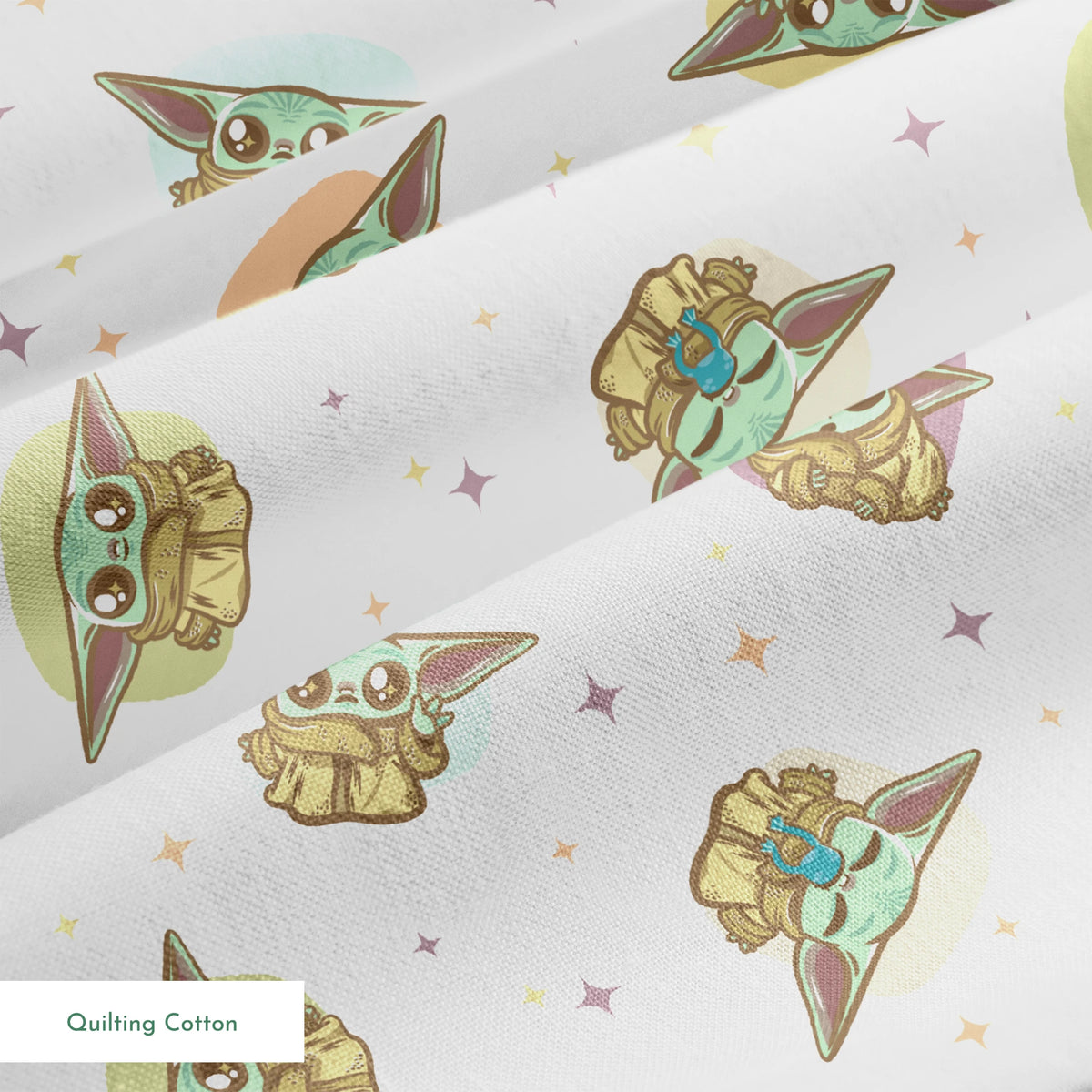 Cute cartoon characters in floating pods with big ears against a starry background, pastel colors springs quiltingcotton texture