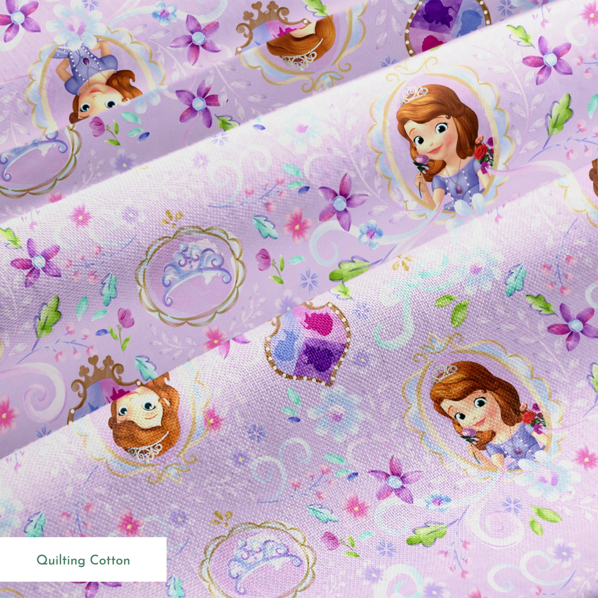 Princess Sofia pattern with purple flowers and swirls on lavender background springs quiltingcotton texture