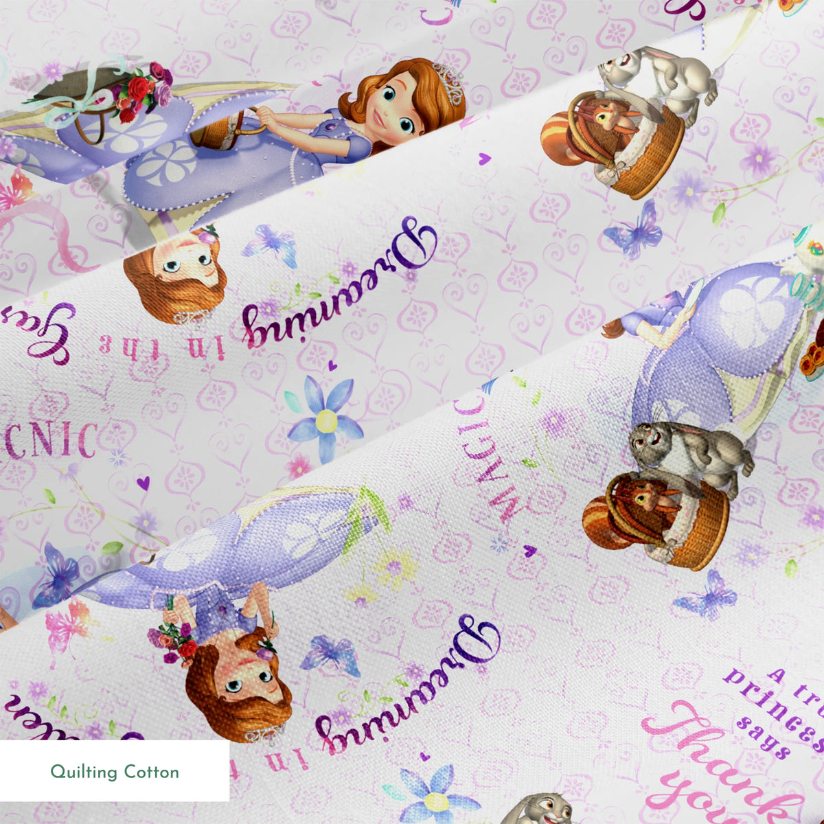 Disney Sofia the First Princess-themed pattern with characters in purple dresses, crowns, and the text "Beautiful Princess" on light purple background springs quiltingcotton texture