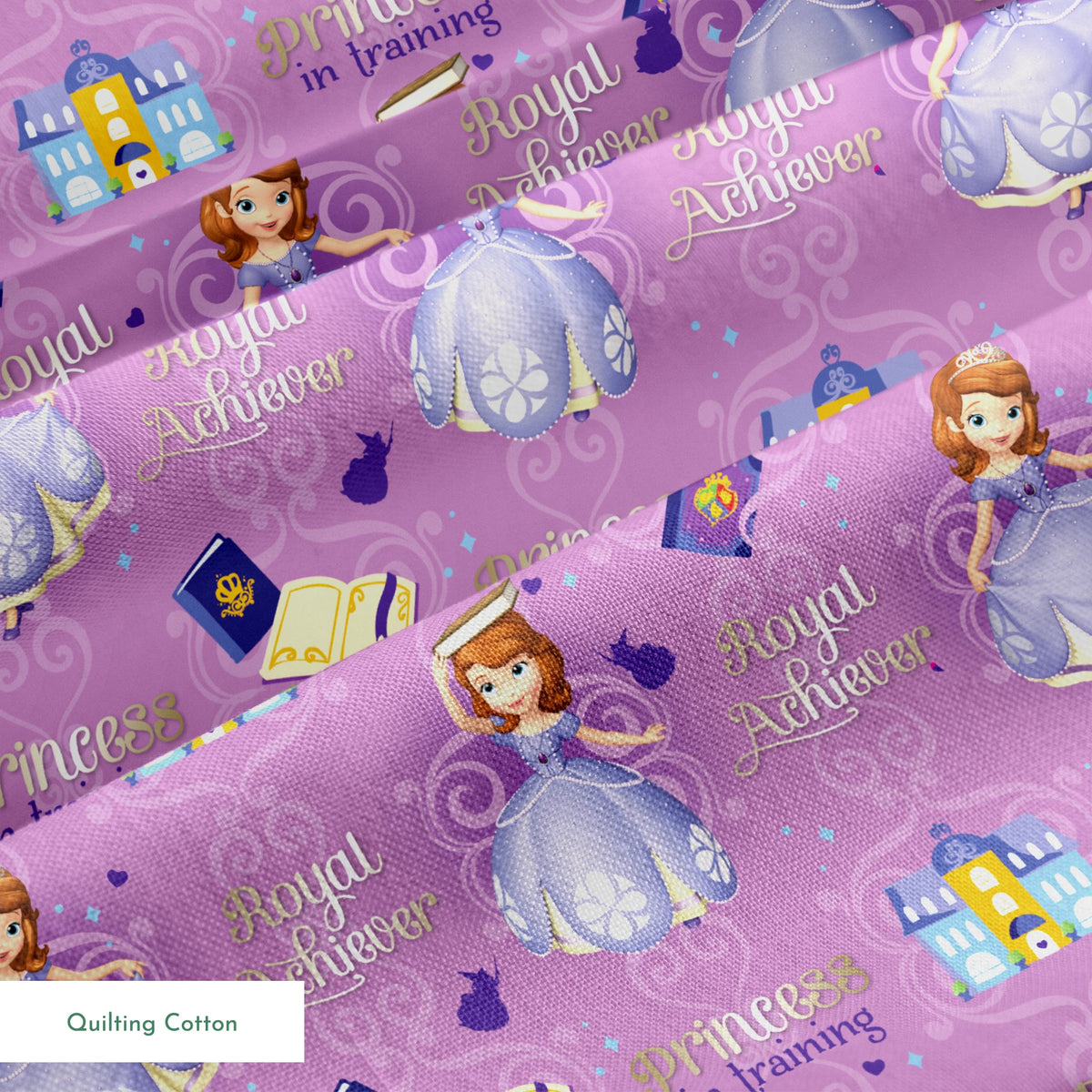 Princess Sofia pattern with "Royal Achiever" and "Princess in Training" text, purple background with castles and books springs quiltingcotton texture