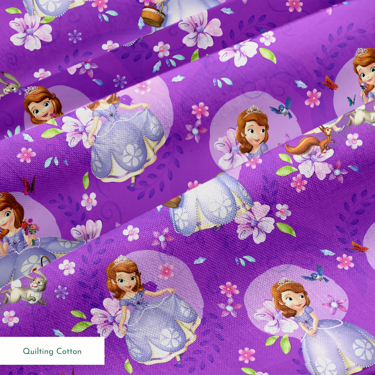 Purple background with repeating pattern of Sofia character in lavender dress surrounded by pink flowers and circular accents springs quiltingcotton texture