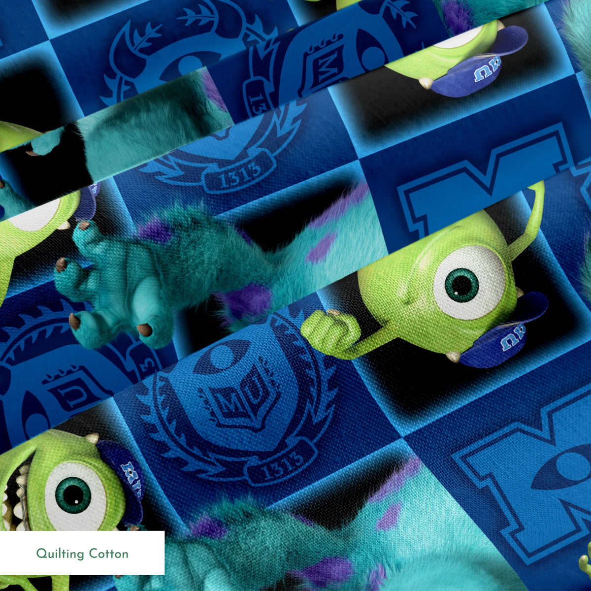 Monsters Inc characters pattern with Mike and Sulley on blue background with logos and emblems springs quiltingcotton texture