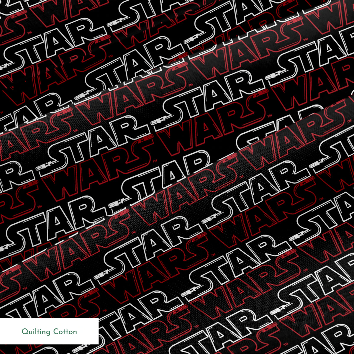 Star Wars logo pattern with white "STAR" and red "WARS" text repeating on black background springs quiltingcotton texture