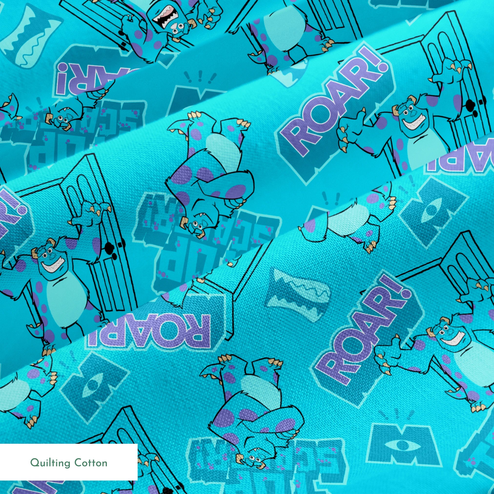 Monsters Inc's Sulley with "Roar" text and doorway motifs from movie springs quiltingcotton texture