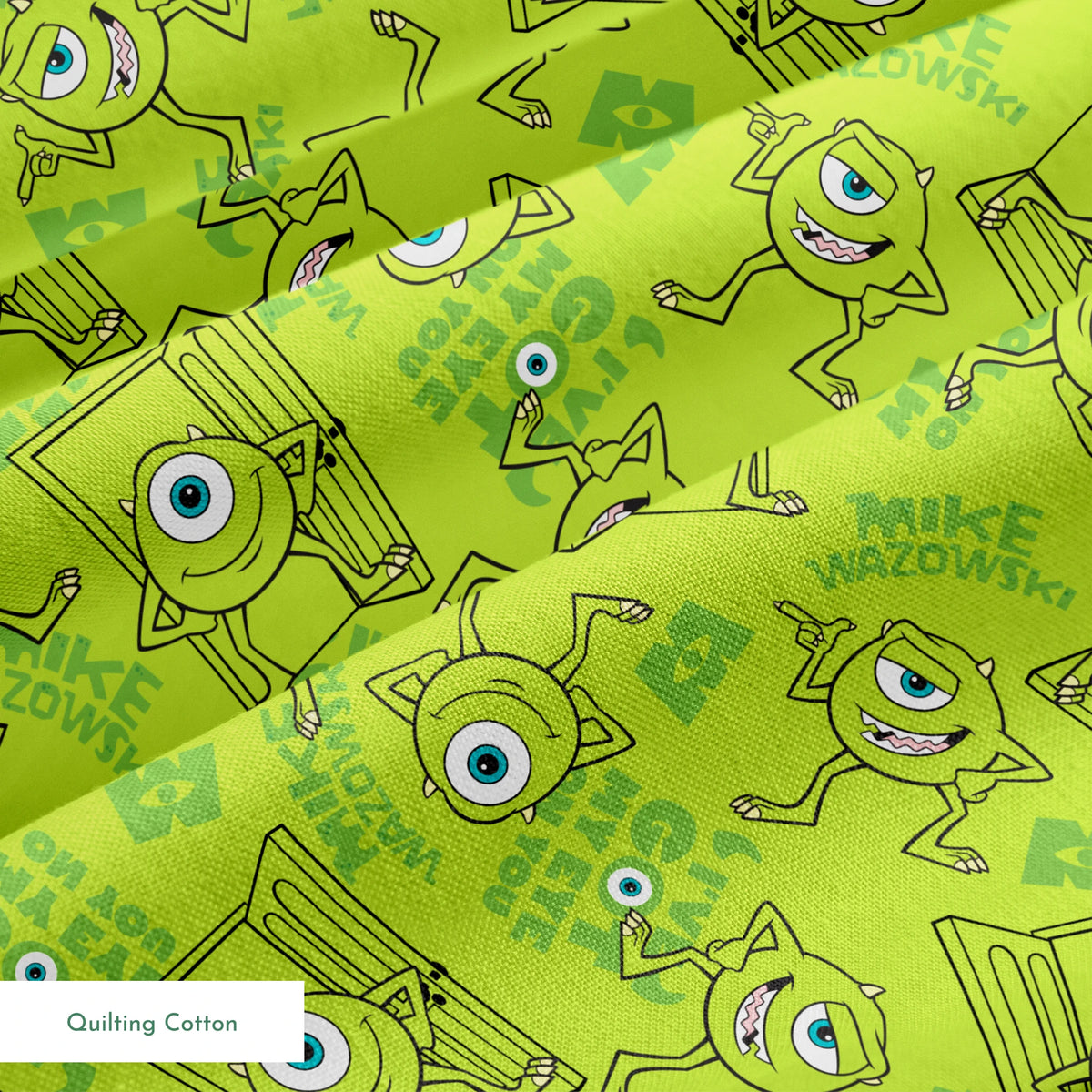 Green background with repeating Mike Wazowski in black outlines. springs quiltingcotton texture