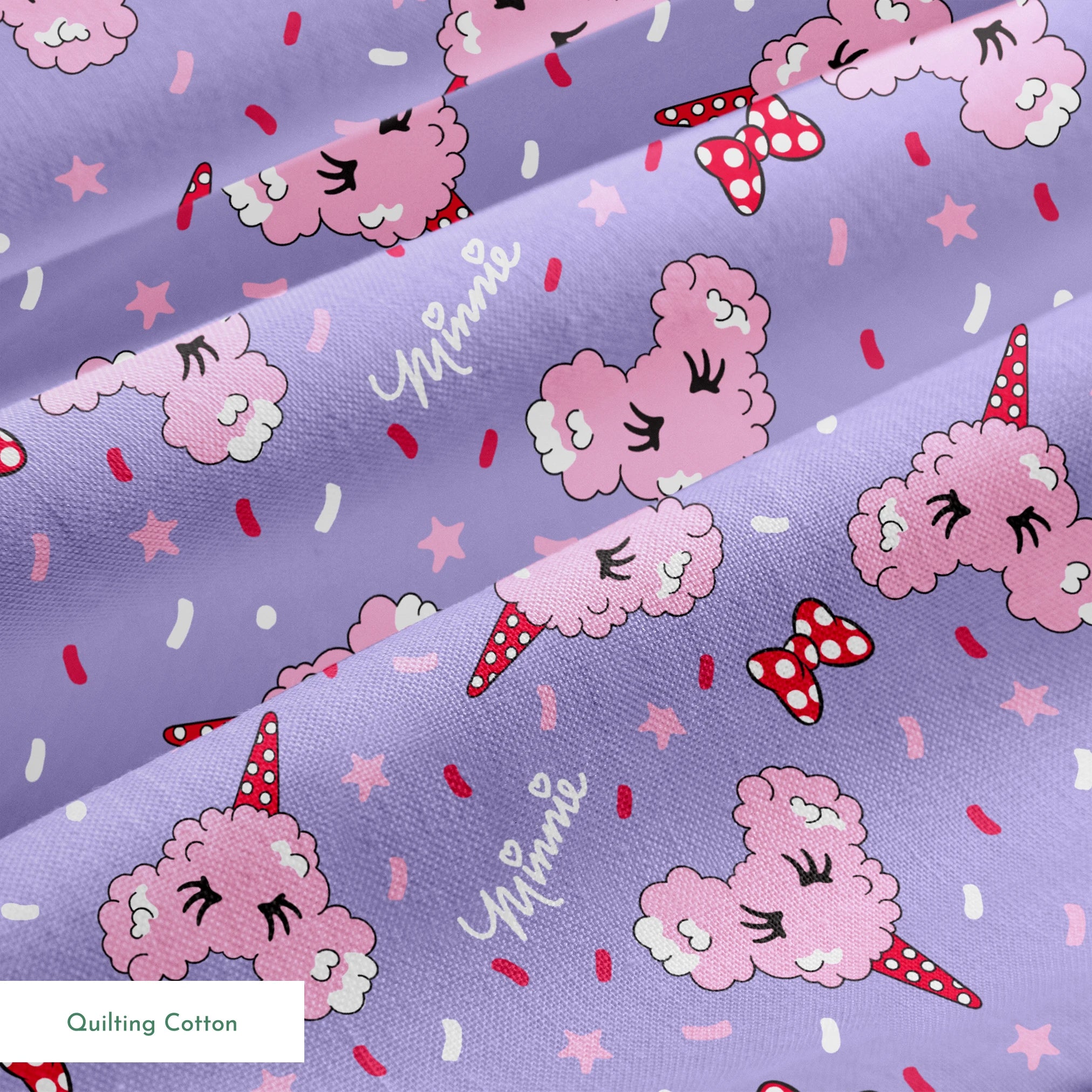 Pink Disney-inspired cotton candy and bows on purple background with confetti and stars springs quiltingcotton texture