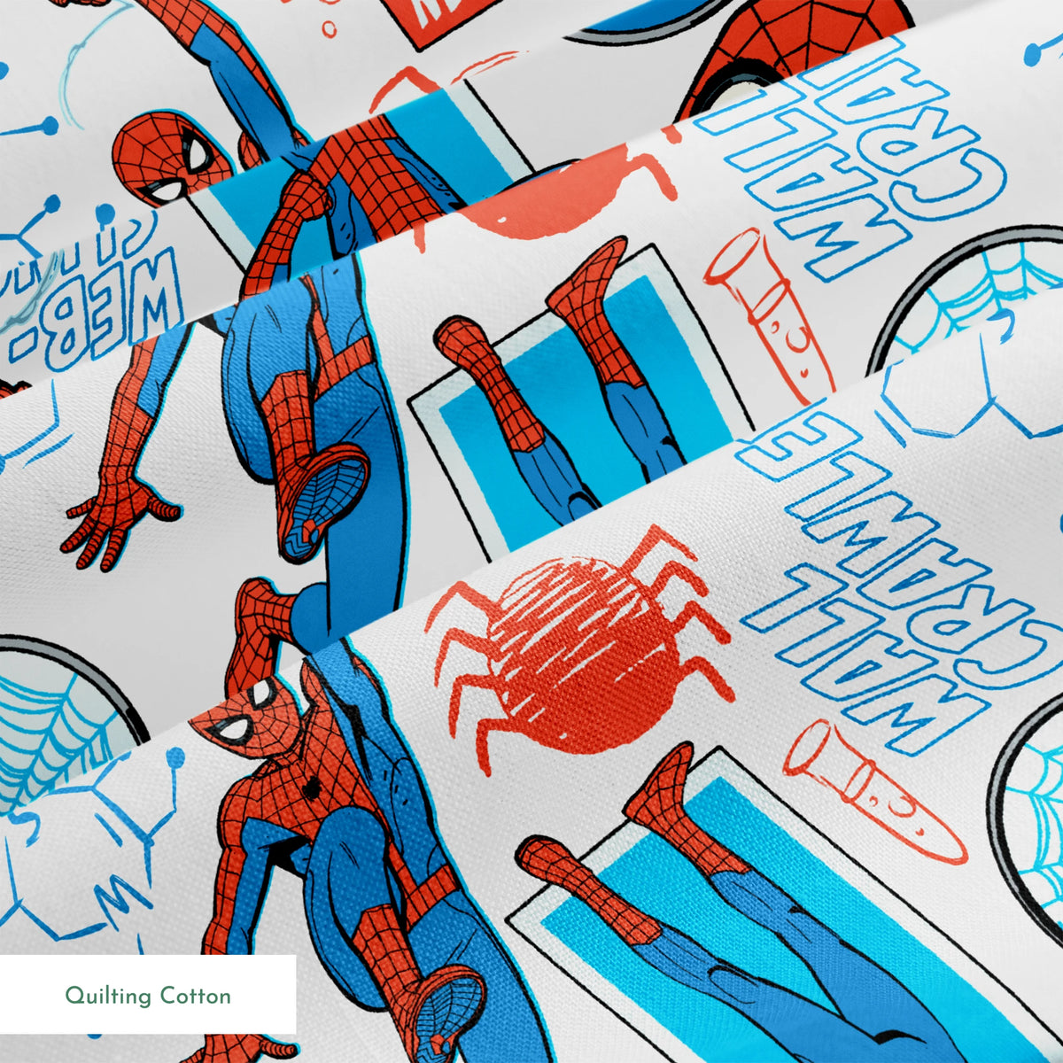 Comic-style Spider-Man pattern with red and blue figures in various poses, spider symbols, and text on white background springs quiltingcotton texture