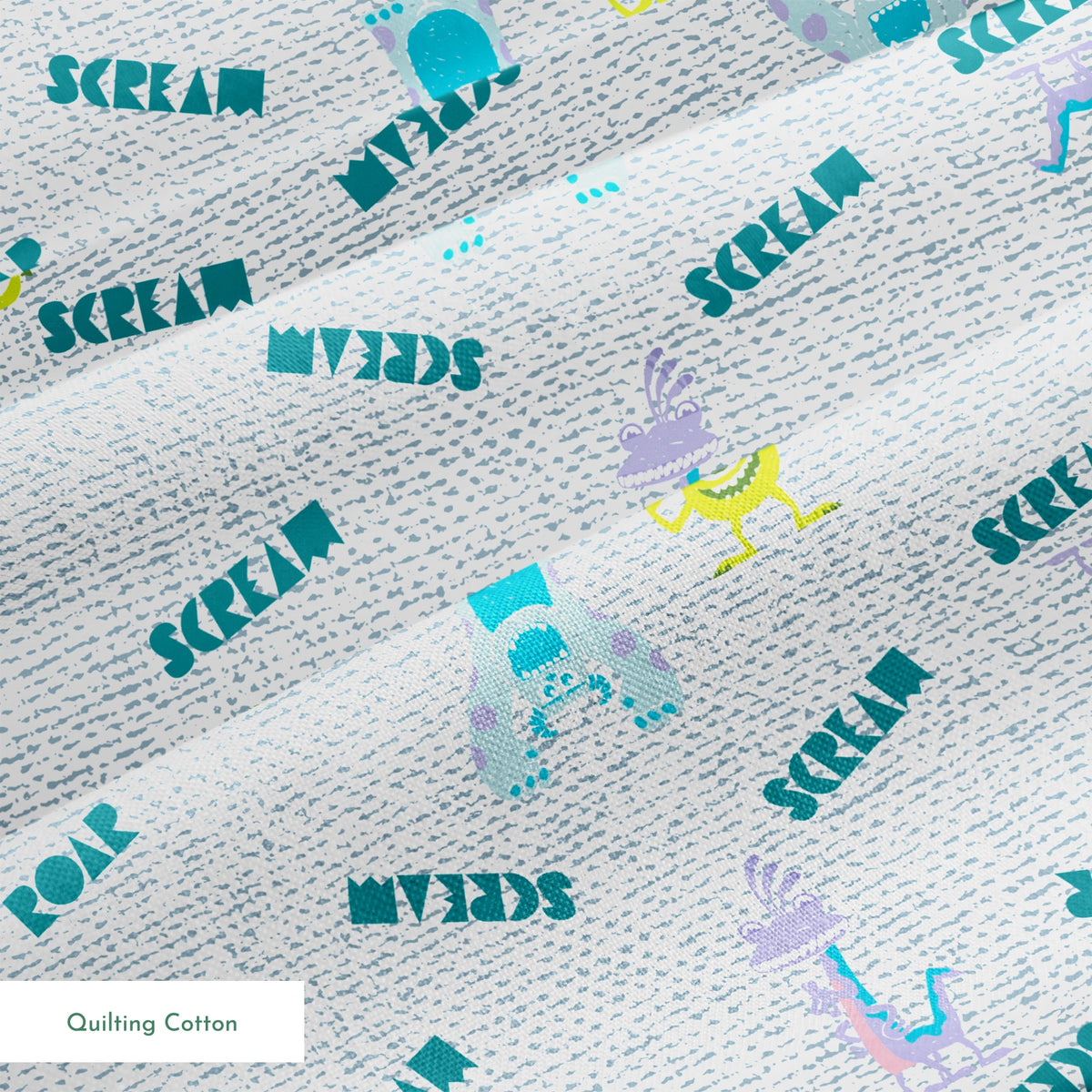 Monsters Inc pattern with teal "SCREAM" text, Mike Wazowski and Sulley on light textured background springs quiltingcotton texture