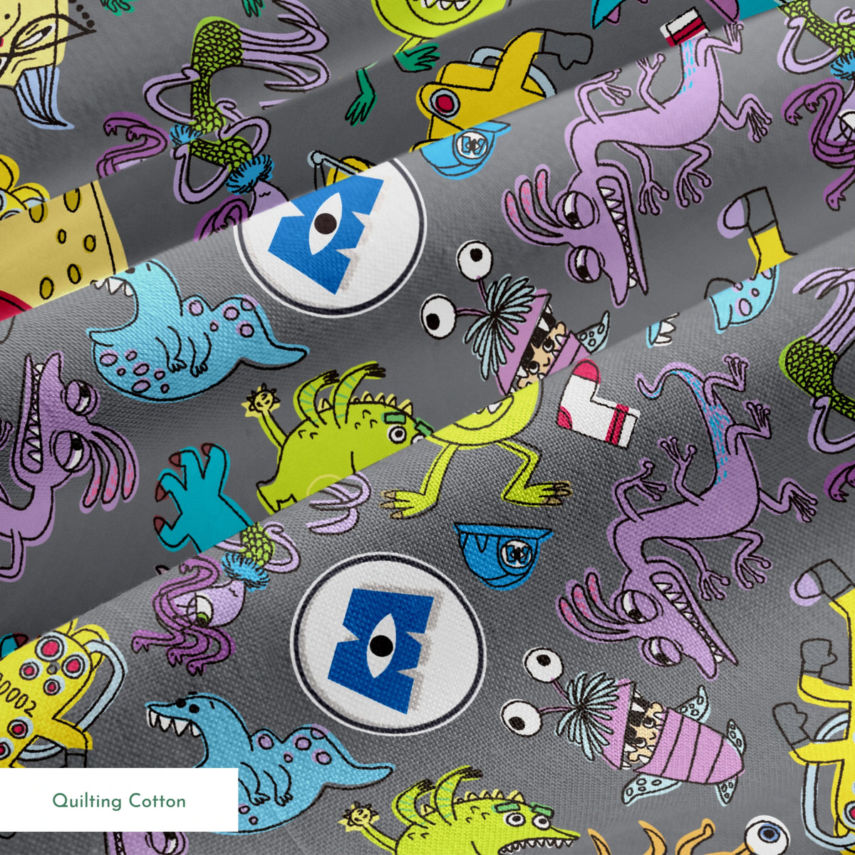 Colorful Monsters Inc pattern with various whimsical creatures in yellow, blue, green, and purple on a gray background. springs quiltingcotton texture