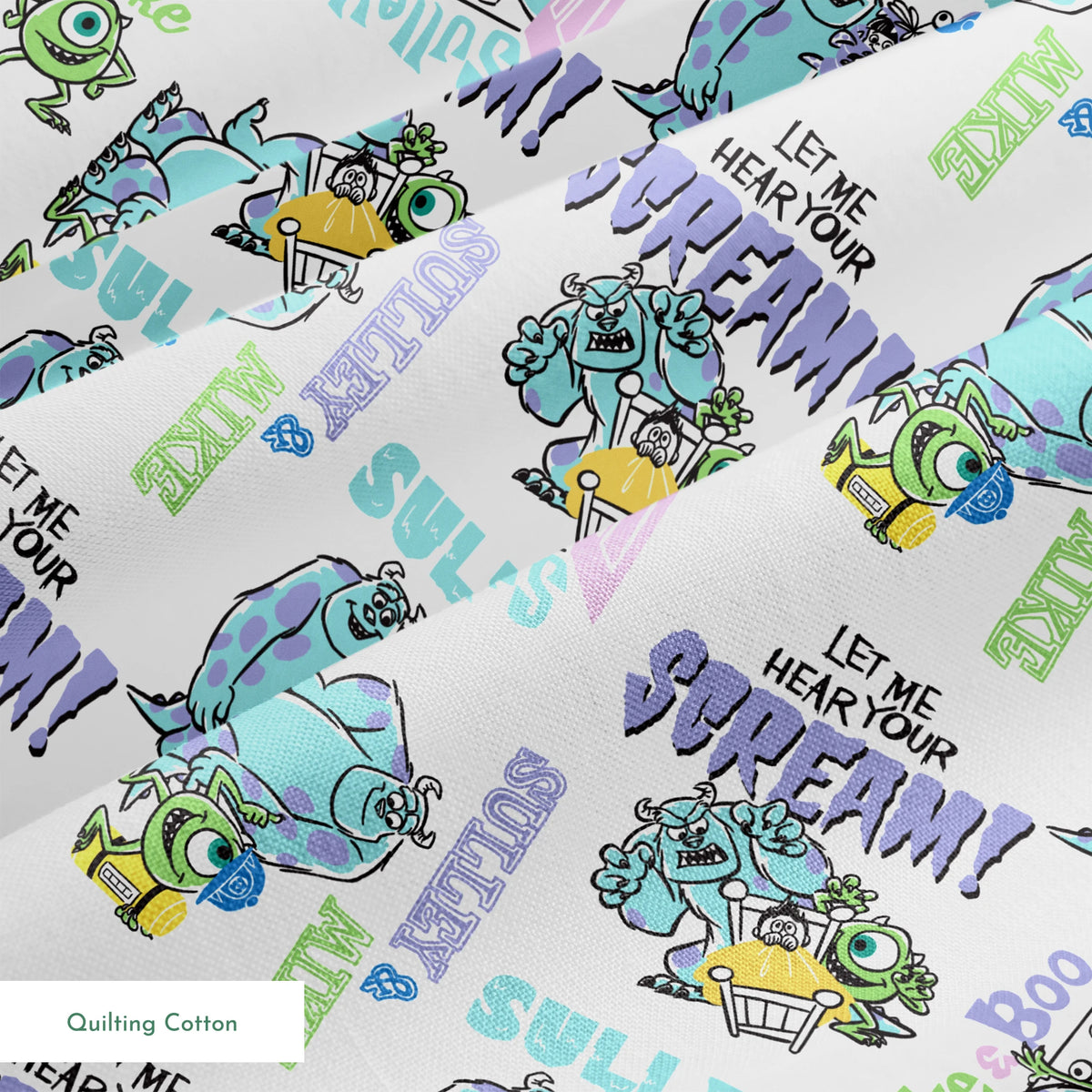 Monsters Inc pattern with Sulley and Mike characters in blue and green, with text like "Boo" and "Monsters" scattered throughout. springs quiltingcotton texture
