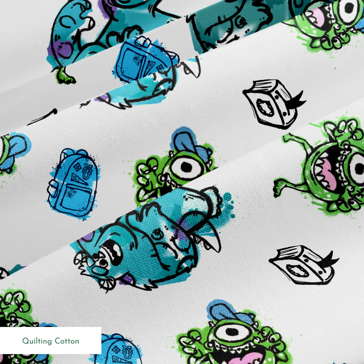 Colorful Monsters Inc pattern with turquoise, green creatures and small boxes on white background springs quiltingcotton texture