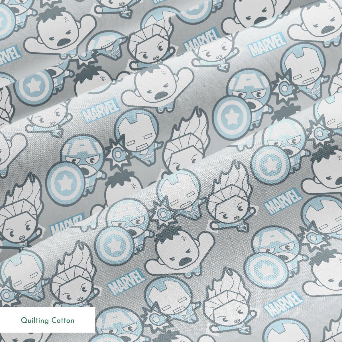 Cute cartoon Marvel superhero pattern with simplified characters and icons on gray background springs quiltingcotton texture