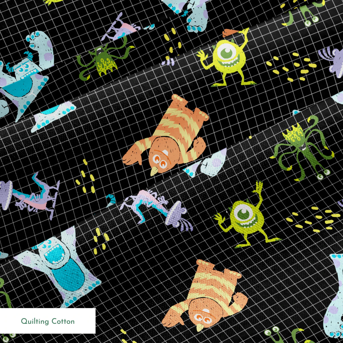 Monsters Inc pattern with Sulley, Mike, & friends on black grid background springs quiltingcotton texture