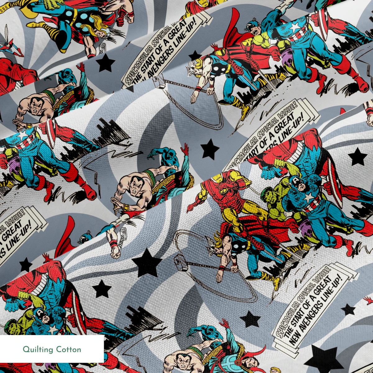 Colorful comic book style pattern with Marvel superheroes on gray background with stars and swirls springs quiltingcotton texture