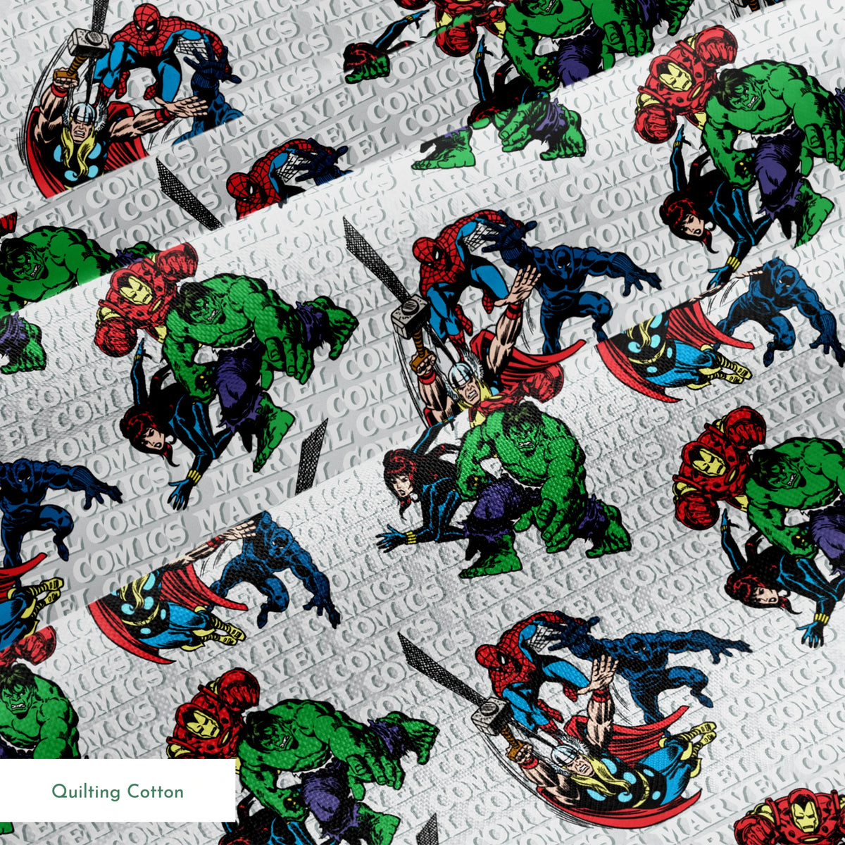 Marvel Comics superheroes pattern with Hulk, Iron Man, Captain America, and Spider-Man on a repeating text background. springs quiltingcotton texture