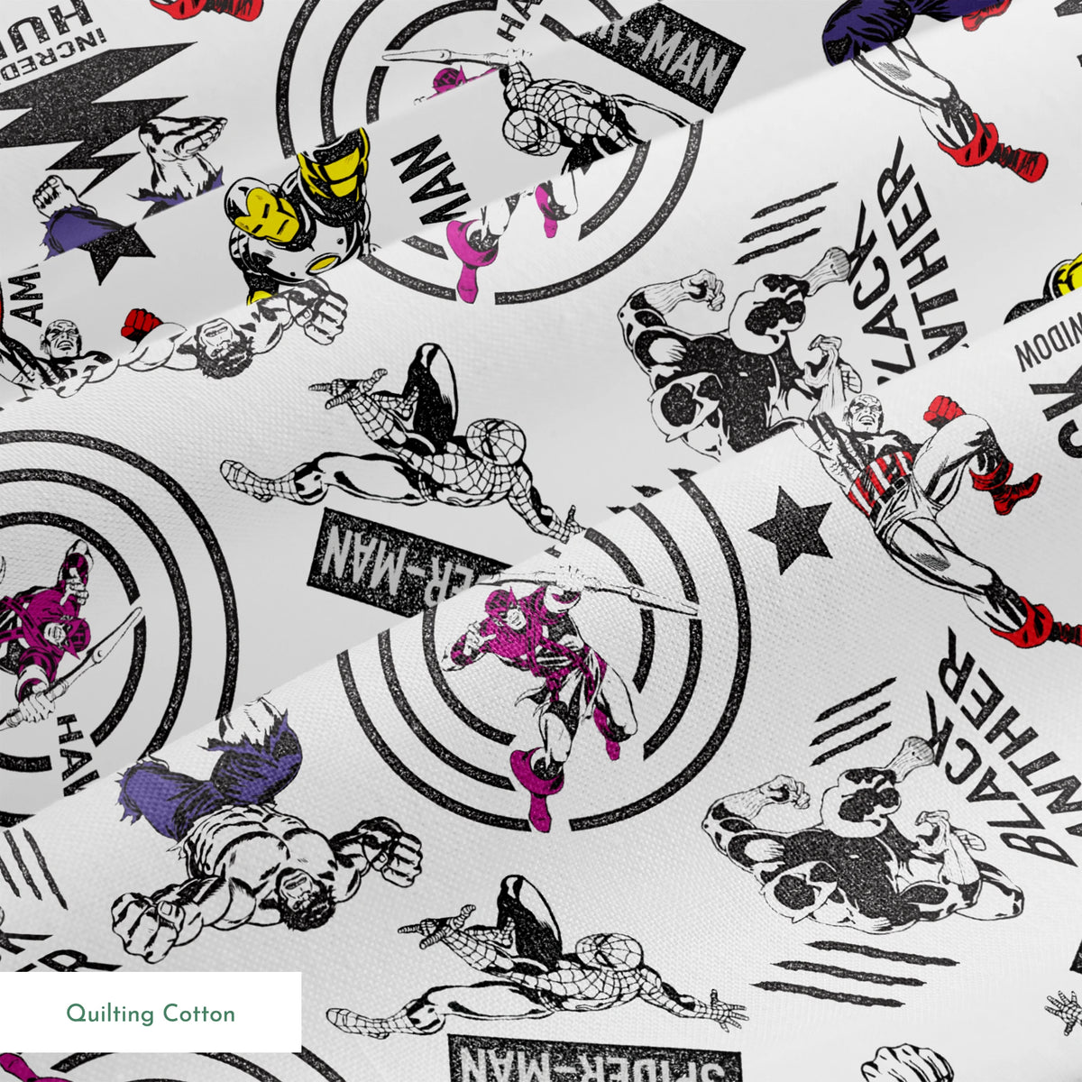 Marvel superheroes pattern with Iron Man, Captain America, Hulk, and Black Panther on white background springs quiltingcotton texture